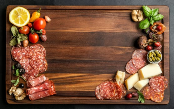 Wooden charcuterie board with assorted meats, cheeses, and Mediterranean appetizers arranged around empty center, perfect for food presentation.