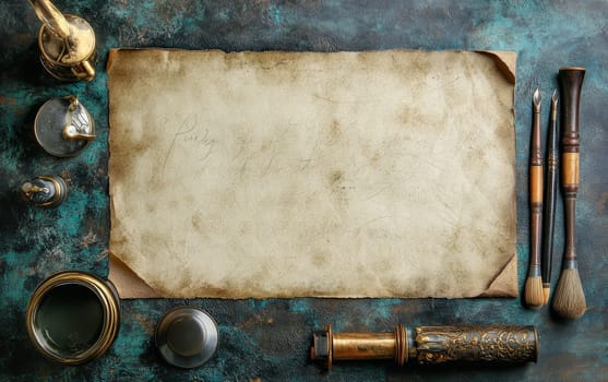 Old parchment paper with antique writing tools on a textured teal background. Calligraphy pens, ink pots, and telescope create a historical ambiance.