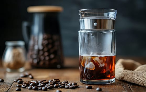 Refreshing cold brew coffee with ice cubes in a stylish glass, surrounded by coffee beans on rustic wooden surface, epitomizing contemporary coffee culture.