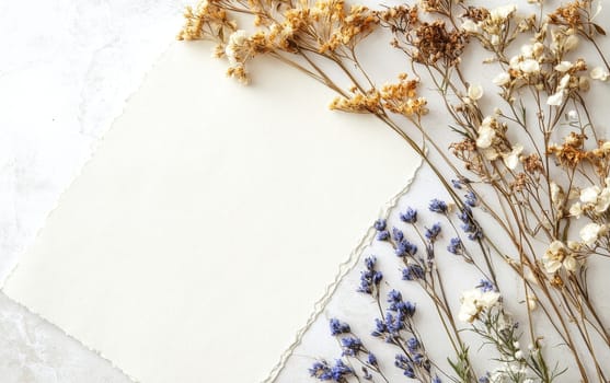 Delicate dried flowers arrangement with torn paper for text. White and blue blooms on light background. Rustic botanical flat lay with copy space.
