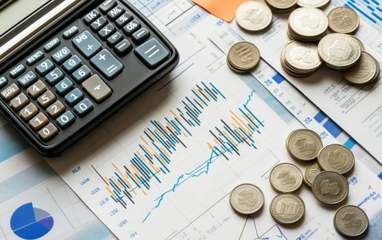 Business financial charts with calculator and stack of coins. Analysis of market data and investment strategy concept with copy space.