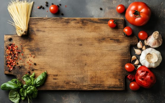 Traditional Italian cooking ingredients framing a wooden cutting board, offering copy space for menu or recipe presentation.