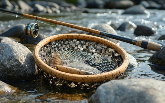 Wooden fishing net and fly rod resting on river rocks with flowing water, capturing the essence of fly fishing and outdoor recreation.