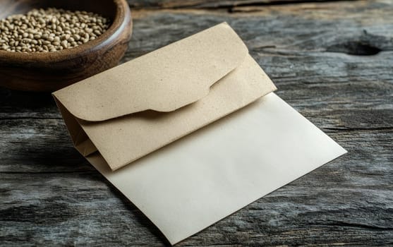 Kraft paper envelope and bowl of seeds on weathered wooden surface, symbolizing agriculture, correspondence, and eco friendly concepts.