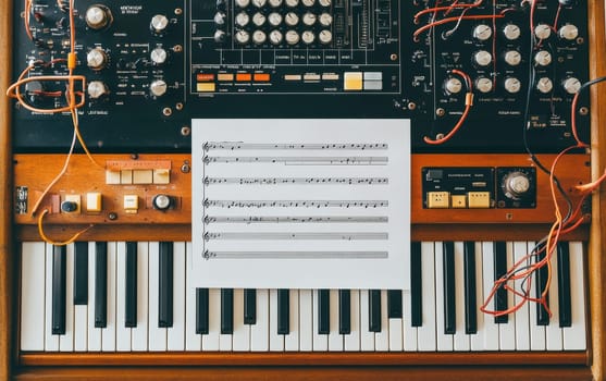 Closeup of a vintage analog synthesizer control panel with knobs, switches, and a sheet of music, capturing the essence of electronic music production.