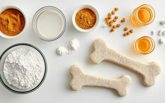 flat lay of homemade dog treat ingredients including flour, spices, and bone shaped biscuits. Pet care and natural nutrition concept with copy space.