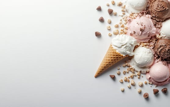 Various scoops of colorful ice cream with chocolate chips, waffle cone, and crumbs on white background. Dessert and indulgence concept with copy space.