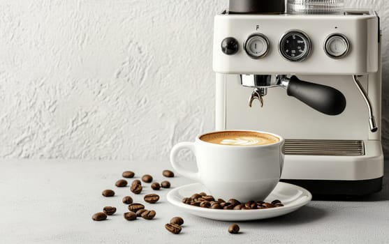 White espresso machine with freshly brewed cappuccino displaying latte art. Coffee beans scattered on table. Modern kitchen appliance with copy space.