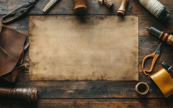 Antique leatherworking tools surrounding weathered parchment on rustic wooden table, ideal for artisanal craft and DIY concepts.