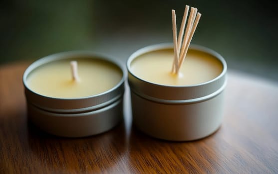 Two metal tin soy wax candles with wooden wicks on wooden surface. Natural aromatherapy and eco friendly home decor concept with soft focus background.