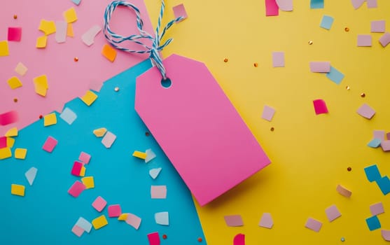 Vibrant pink gift tag on multicolored background with scattered paper confetti. Festive flat lay composition with copy space for celebration concept.