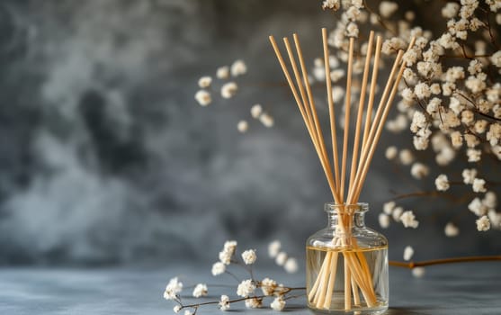 Fragrant reed diffuser with bamboo sticks in glass bottle, accompanied by delicate dried flowers. Spa and aromatherapy concept on gray background with copy space.