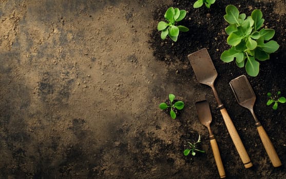 Gardening trowels and young plant seedlings on dark soil with copy space, perfect for gardening, planting, and spring themes.