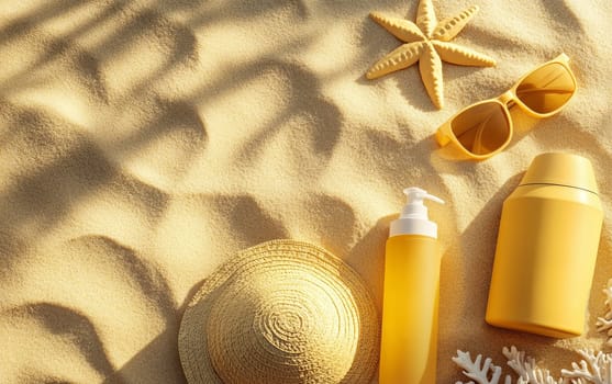 Beach vacation essentials including sunglasses, sunscreen, and starfish on golden sand with palm tree shadows, offering space for text.
