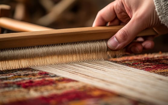 Close up of hands working on a traditional loom, weaving a colorful patterned carpet, showcasing the intricate process of textile artistry.