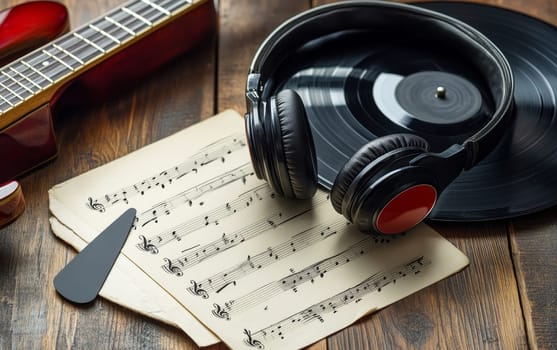 Nostalgic music setup with headphones, vinyl record, guitar, and sheet music on wooden table. Concept of music production and appreciation.