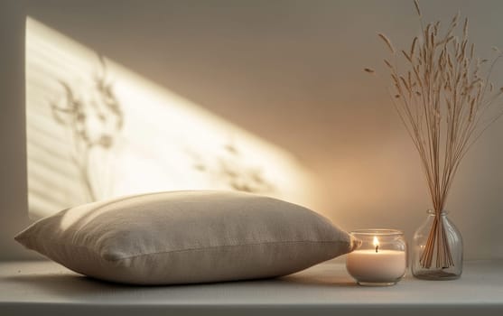 Serene setting with beige pillow, lit candle, and dried grass creating soft shadows. Minimalist hygge concept with warm ambient lighting and copy space.