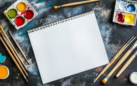 A blank sketchpad surrounded by vibrant watercolor paints, brushes, and palette on a textured background, representing an artist's creative workspace.