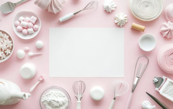 Flat lay of baking utensils and ingredients on pink background with white paper for text. Marshmallows, whisk, and measuring tools create a sweet culinary scene.
