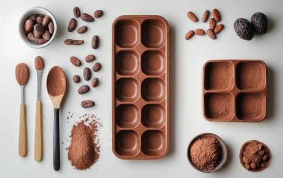 flat lay of cocoa beans, powder, and artisanal chocolate making tools on white background, showcasing the process of creating gourmet confections.