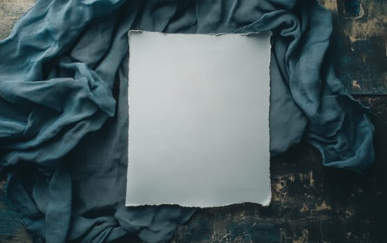 White torn paper with copy space surrounded by crumpled teal fabric on rustic wooden surface. Vintage style flat lay with room for text.