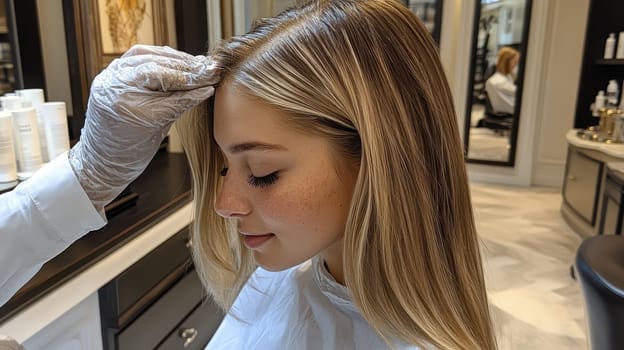Hairdresser examining client's hair in salon. Concept of hair care, beauty, and styling.