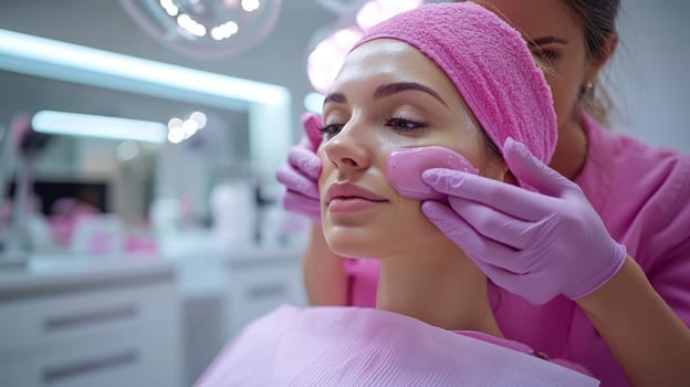 Woman receiving facial treatment with gua sha massage at beauty salon. Concept of skincare, beauty, and relaxation