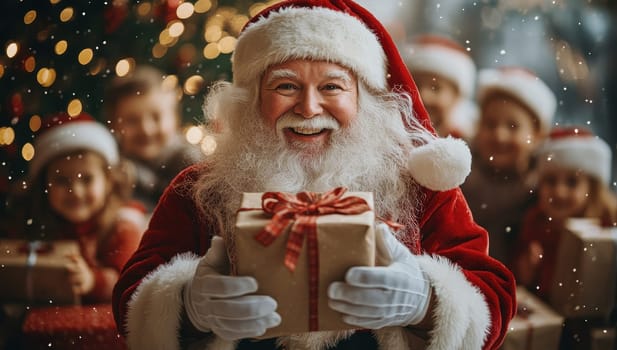 Jolly Santa Claus Holding a Gift with Happy Children in Background