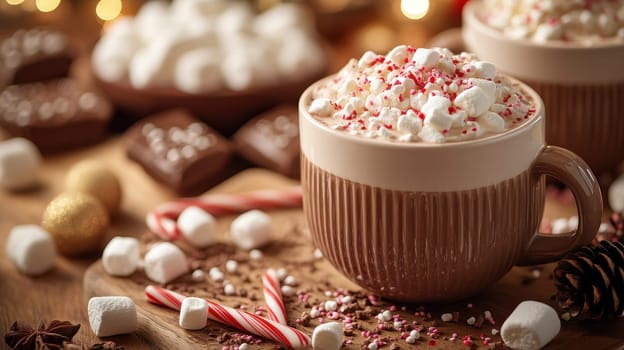Hot Chocolate with Whipped Cream, Marshmallows, and Candy Canes,  A Festive Christmas Treat