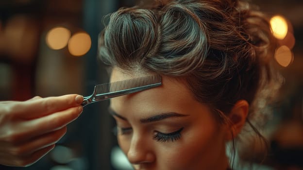 Woman Getting Hair Styled with Razor Comb in Salon, Beauty and Haircare
