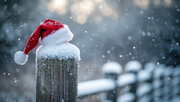 Santa hat on a snow covered fence post during a snowfall. Christmas, winter, holiday concept.