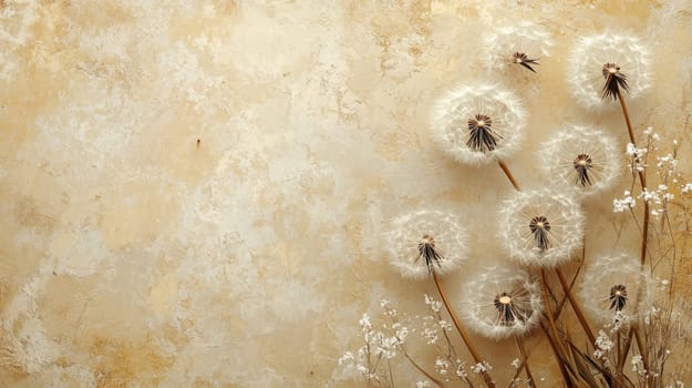Dandelion seed heads on a textured background with copy space