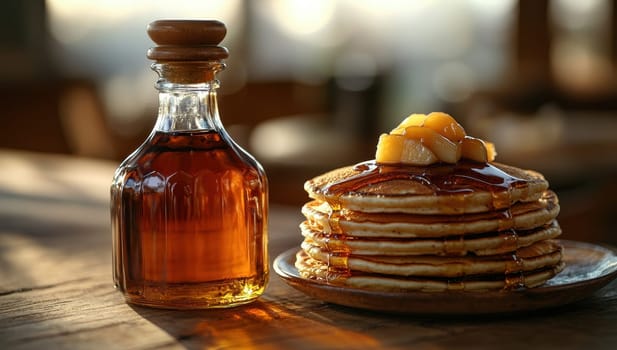 Stack of pancakes with maple syrup and butter on wooden table.