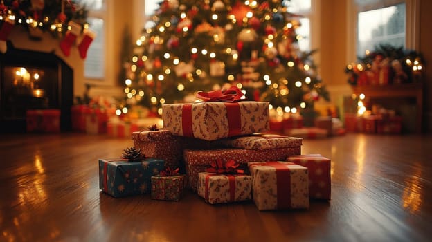 Christmas gifts under the tree with warm lights. Festive holiday season, cozy winter celebration concept