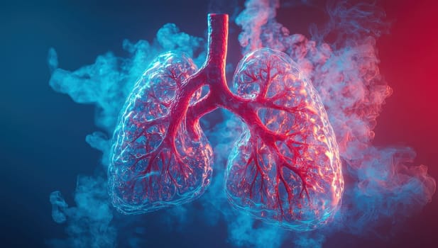 human lungs surrounded by smoke. Concept of smoking, vaping, air pollution, and respiratory diseases.