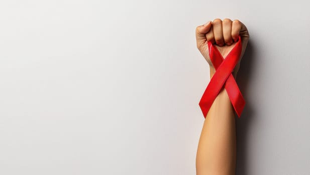 Hand holding red ribbon on white background. AIDS, HIV, world cancer day, world hepatitis day concept.