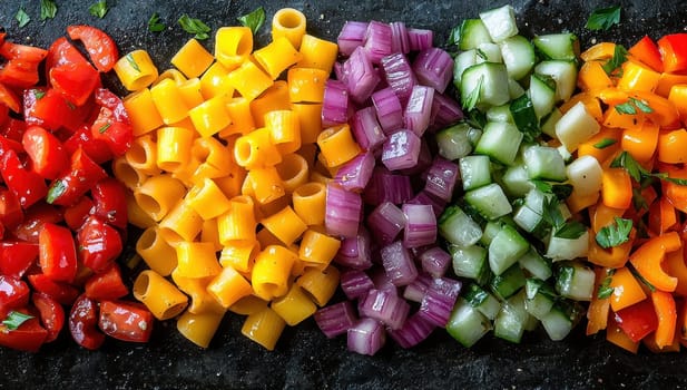 Rainbow pasta salad ingredients lined up in rows on a dark background.