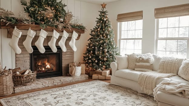 Cozy Christmas Living Room with Fireplace and Decorated Tree