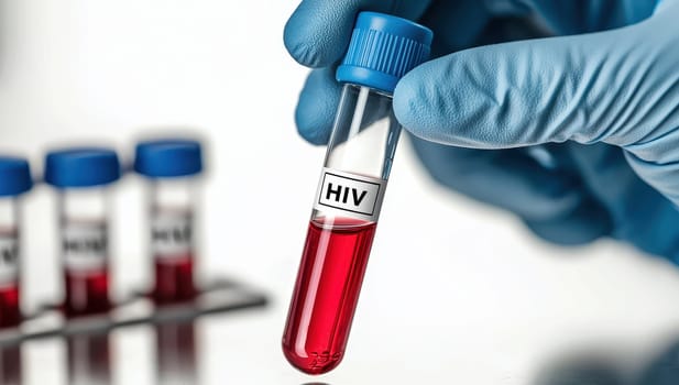 Blood sample in test tube for HIV test. Concept of healthcare, medical research, and sexually transmitted diseases.