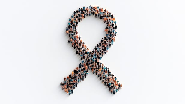 Large group of people forming a ribbon shape, awareness ribbon concept