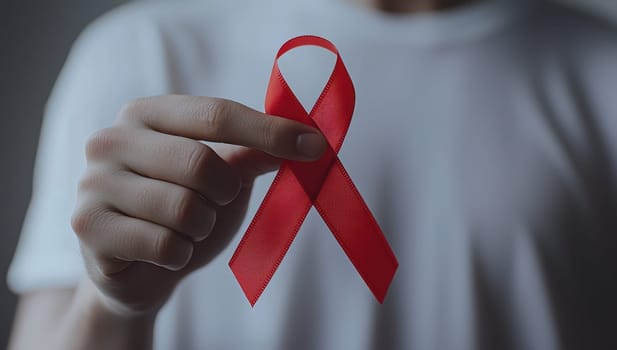 Close up of a person holding a red ribbon, symbolizing AIDS awareness and support for those affected by HIV.