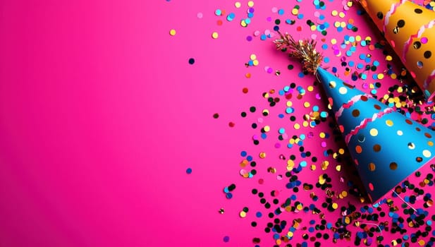 Party hats and confetti on a vibrant pink background with copy space.