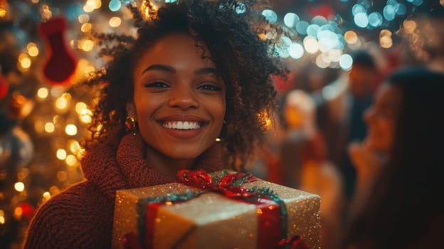 Happy Young Woman Holding Christmas Gift at Holiday Party