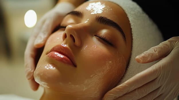 Woman receiving a facial treatment with a skincare product for healthy skin. Cosmetology and aesthetic concept