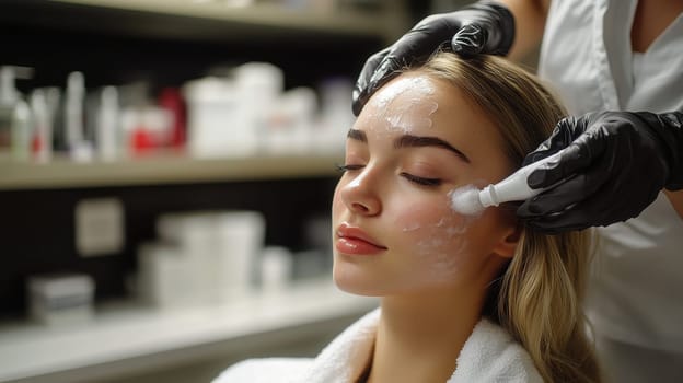 Cosmetologist applying facial mask to young woman in beauty salon. Skincare, rejuvenation, and beauty treatment concept.