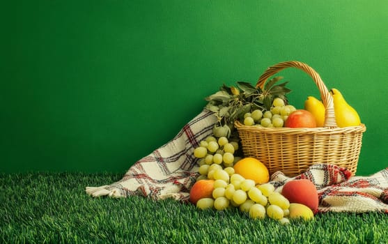 Wicker basket filled with fresh fruits and picnic essentials on green grass against vibrant green background, perfect for outdoor leisure concepts.