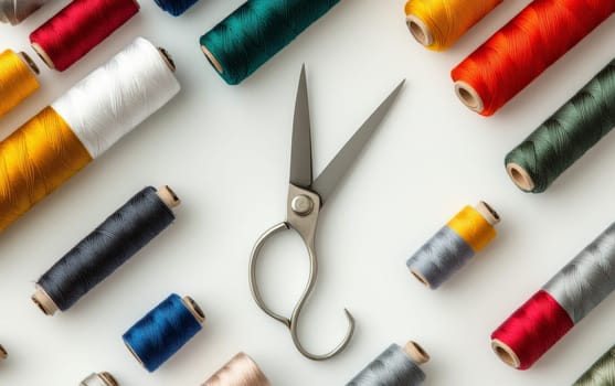 Vibrant assortment of sewing threads and metal scissors arranged on white background. Crafting and tailoring concept with copy space for text.
