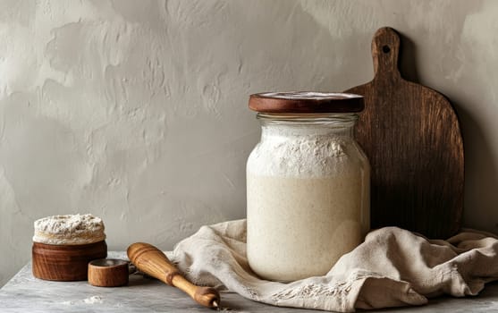 Homemade sourdough starter in glass jar with wooden utensils and cutting board. Artisan bread baking concept with natural fermentation process.