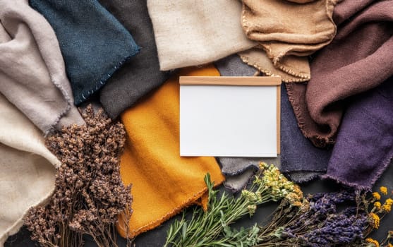 Colorful fabric swatches with blank white card for text. Dried flowers and variety of textures create an artisanal mood board concept.