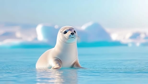 Harp seal pup on ice floe in arctic landscape. Concept of wildlife, nature, and climate change